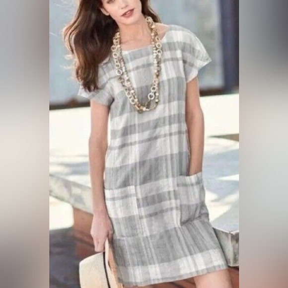 Eileen Fisher Organic Linen/Cotton Blend Plaid Shift Dress Size‎ M - Picture 1 of 8